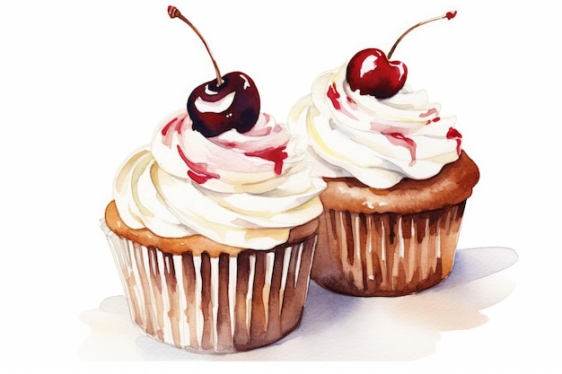 Watercolor cupcakes with cherry toppings on white background AI generated