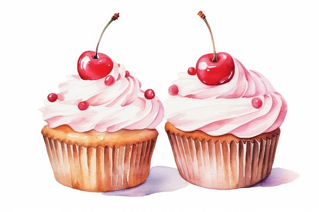 Watercolor cupcakes with cherry toppings on white background AI generated