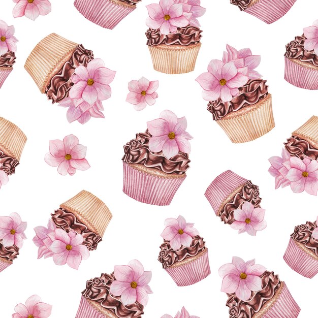 Watercolor cupcakes with magnolia pattern, Chocolate cupcakes seamless pattern