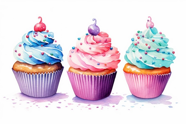 Watercolor cupcakes with sprinkles and icing on white background AI generated