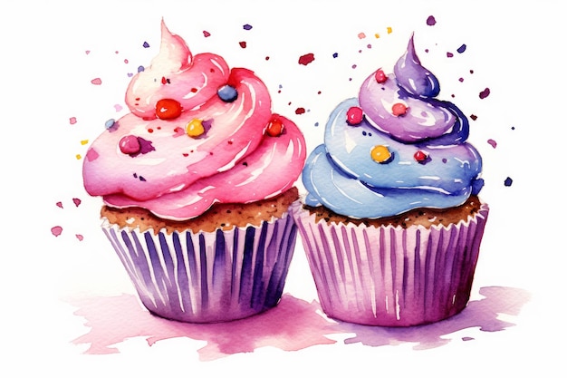 Watercolor cupcakes with sprinkles and icing on white background AI generated