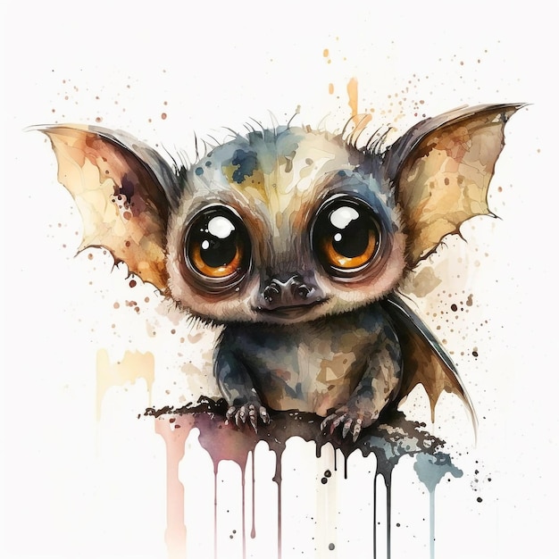 Watercolor Cute Animals Chibi Style Big Eyes Exotic Tropical Forest Wildlife Crazy Abstract