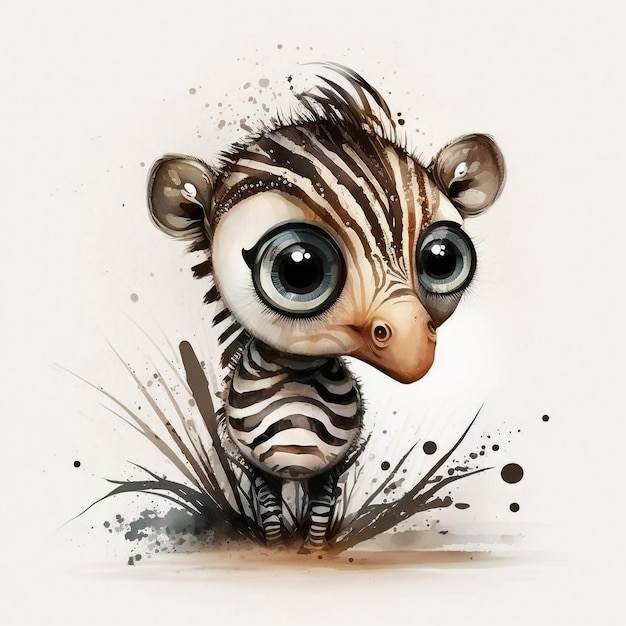 Watercolor Cute Animals Chibi Style Big Eyes Exotic Tropical Forest Wildlife Crazy Abstract