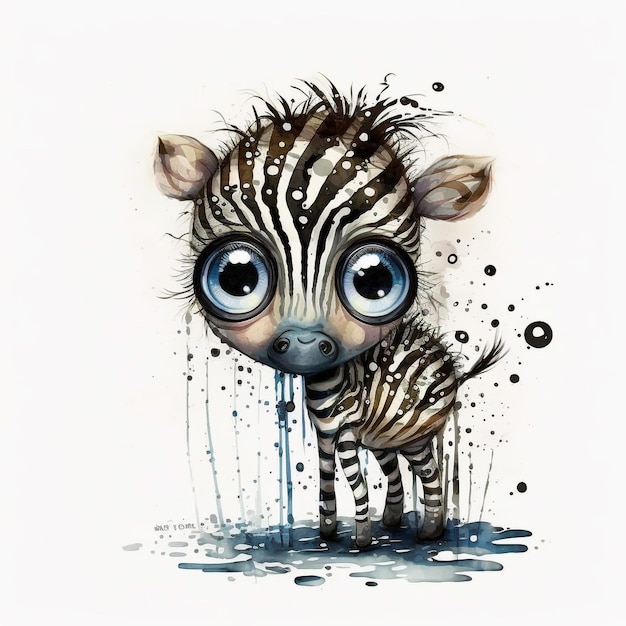 Watercolor Cute Animals Chibi Style Big Eyes Exotic Tropical Forest Wildlife Crazy Abstract