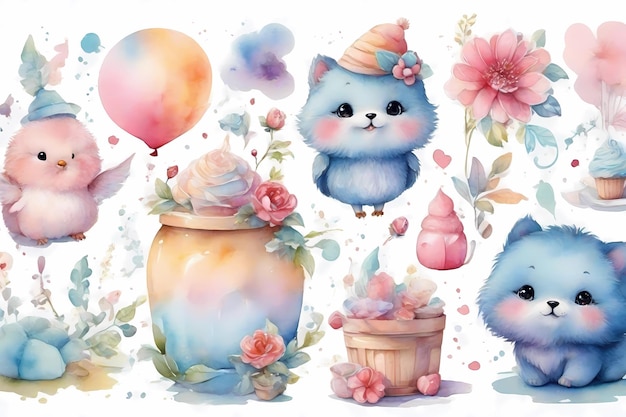 Photo watercolor cute baby animals adorable scenes