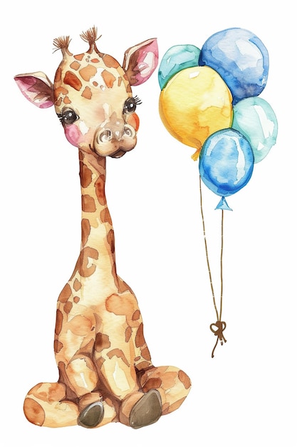 Photo watercolor cute baby giraffe sitting holding balloon colorful clip art on white background