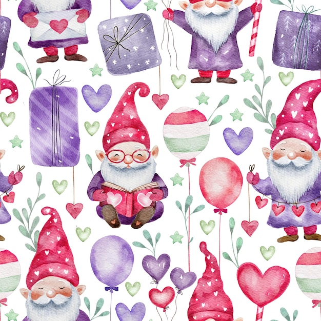 Photo watercolor cute baby kids valentine day gnome with heart and balloon seamless pattern