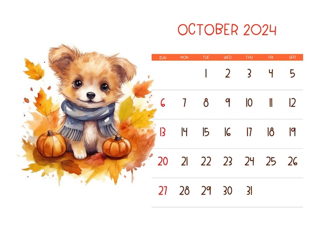 Watercolor cute baby puppy Wall printable kids calendar 2024 Watercolor animal design