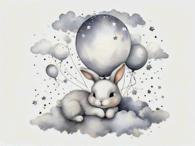 Watercolor cute baby rabbit sleeping on balloons cloud and stars isolated white background