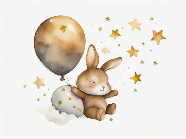 Watercolor cute baby rabbit sleeping on balloons cloud and stars isolated white background