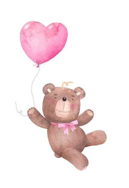 Watercolor cute bear and red heart balloon Childish watercolor illustration With white isolated background