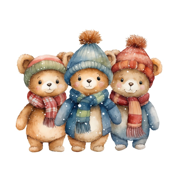 사진 모자와 스카프를 입은 귀여운  수채화 유아 인쇄 카드 포스터를 위한 재미있는 장난감 겨울 캐릭터