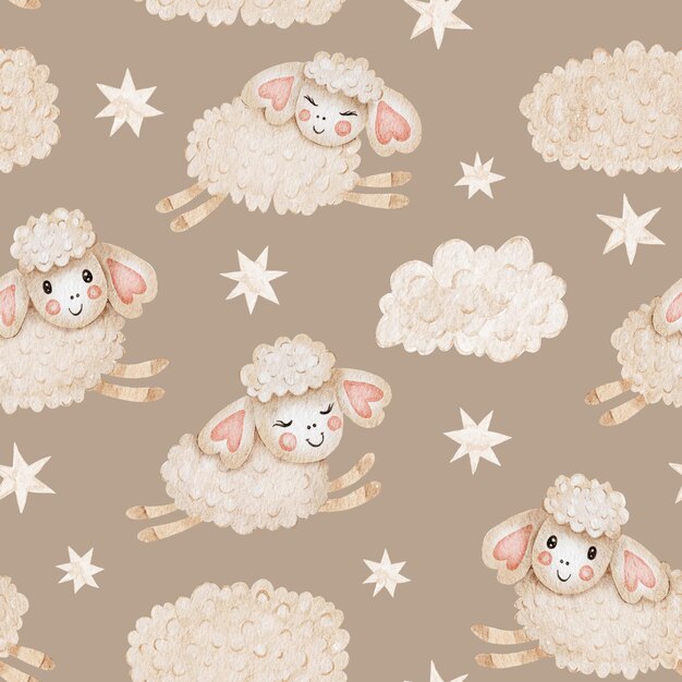 Photo watercolor cute beige kids seamless pattern with clouds and stars