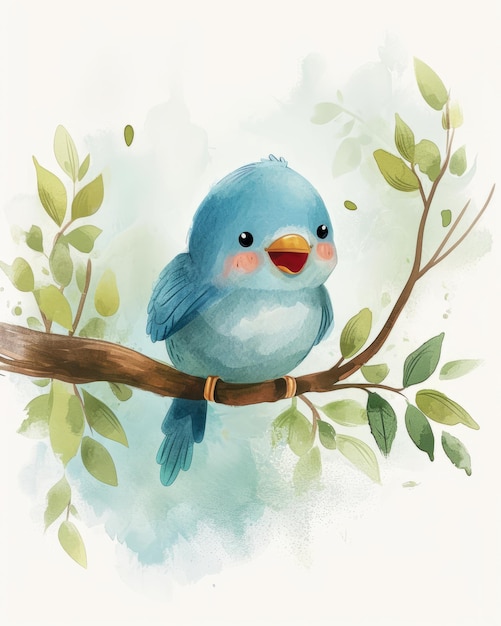 Watercolor cute bird on a branch