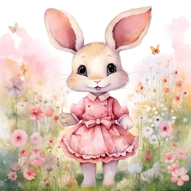 Foto acquerello carina coniglietta in campo di fiori primaverili in vestito rosa come carta di auguri di pasqua