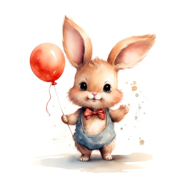 Photo watercolor of a cute bunny holding a group of balloons ai generative