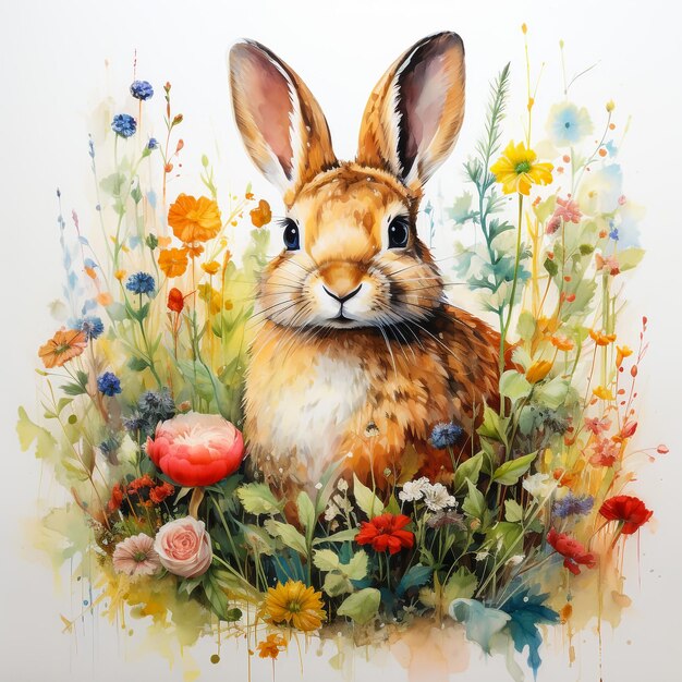 watercolor cute bunny rabbit with flower clipart