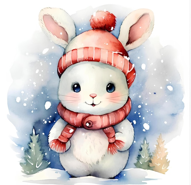 Watercolor cute bunny in red hat and scarf