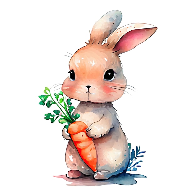 Watercolor cute bunny with carrot cartoon animal character Isolated white background