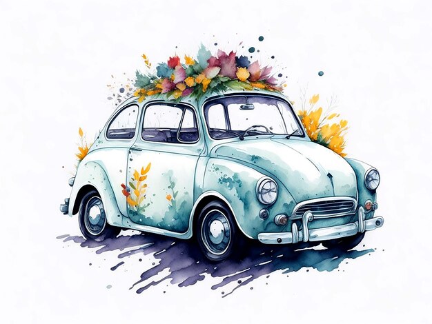 색 배경 에 수채화 된 귀여운 자동차 그림