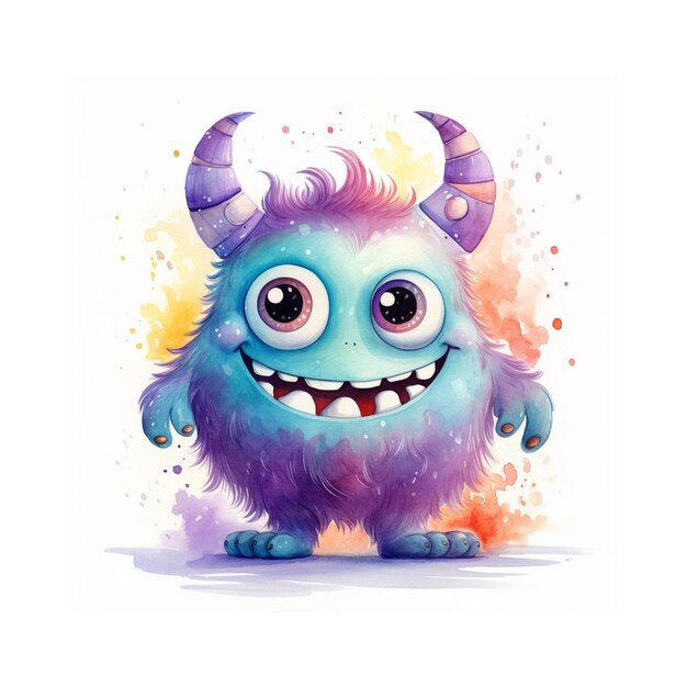 Photo watercolor cute cartoon monster character