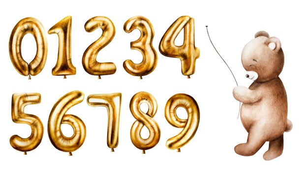 Watercolor cute cartoon teddy bear with golden foil balloon numbers digits 09 Hand drawn birthd