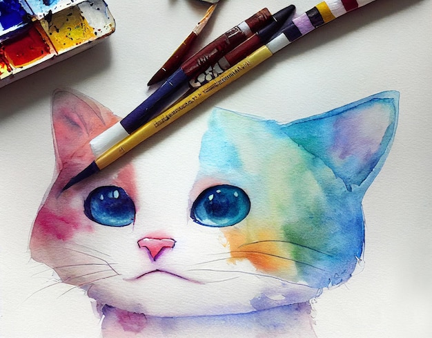 Watercolor of a cute cat animal hand draw watercolor