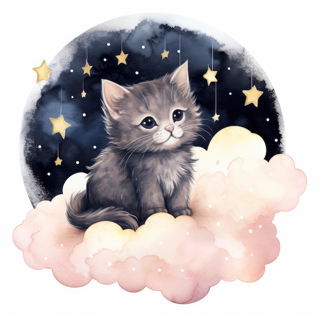 Watercolor Cute Cat on a Cloud and Stars Pink Black 1