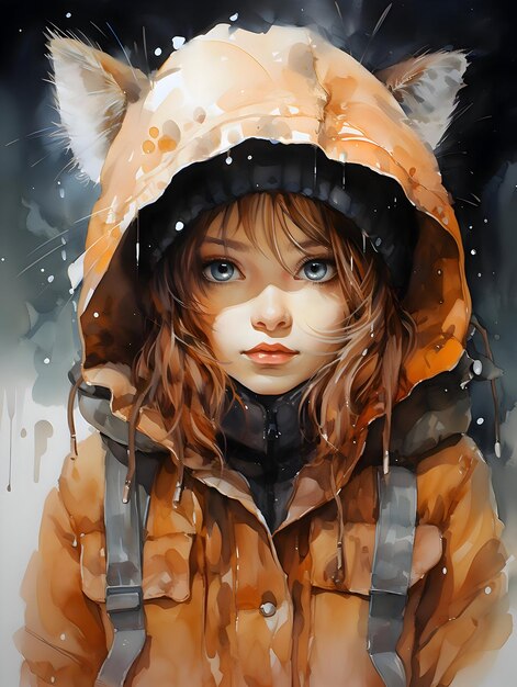 Watercolor cute cat girl portrait High quality