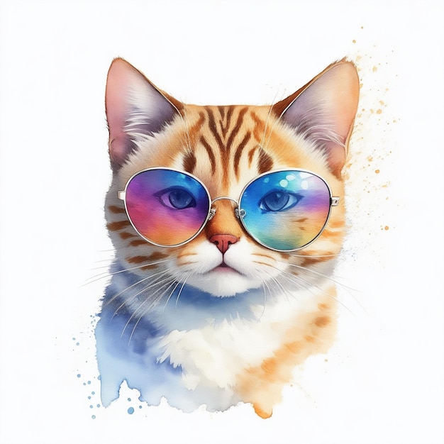 Foto un simpatico gatto acquerello che indossa occhiali da sole