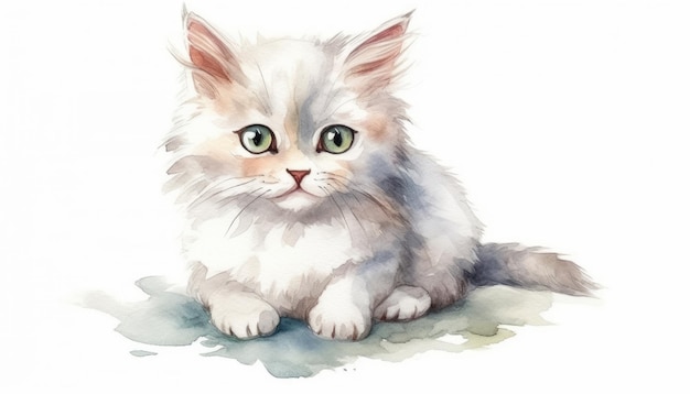 Watercolor cute cat white background with generative ai