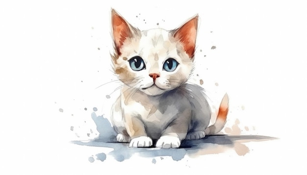 Акварель милый кот на белом фоне с генеративным искусственным интеллектом