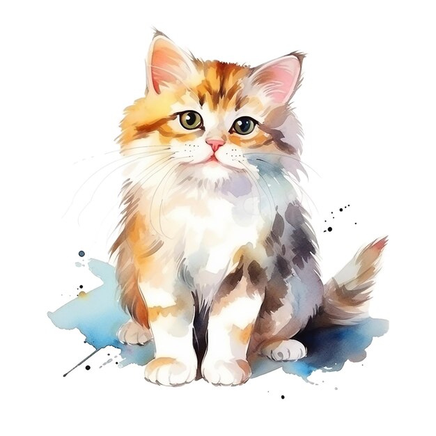 Watercolor cute cat with green eyes isolated on white background