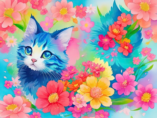 Watercolor cute cats on flower background ai generative