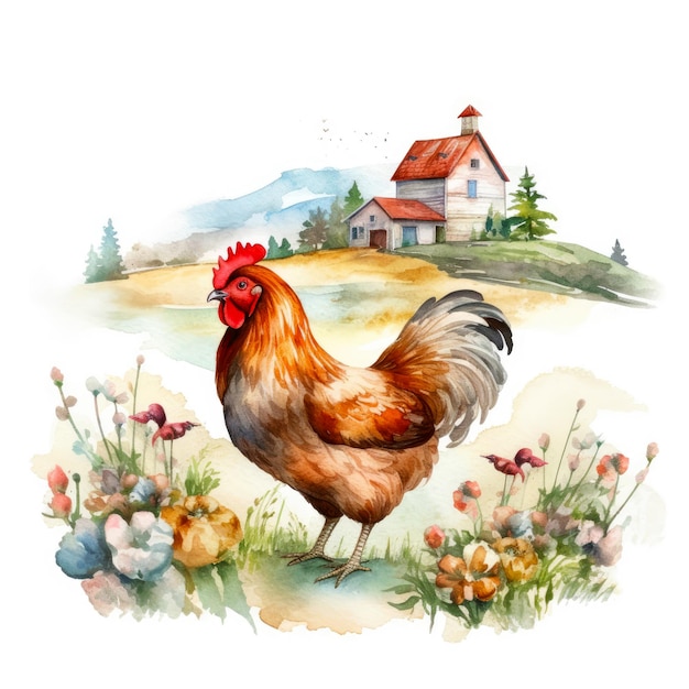 Watercolor cute chicken farm illustration on white background