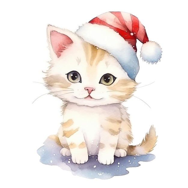 Watercolor cute christmas kitten in red hat with gift box isolated on white background Generative ai