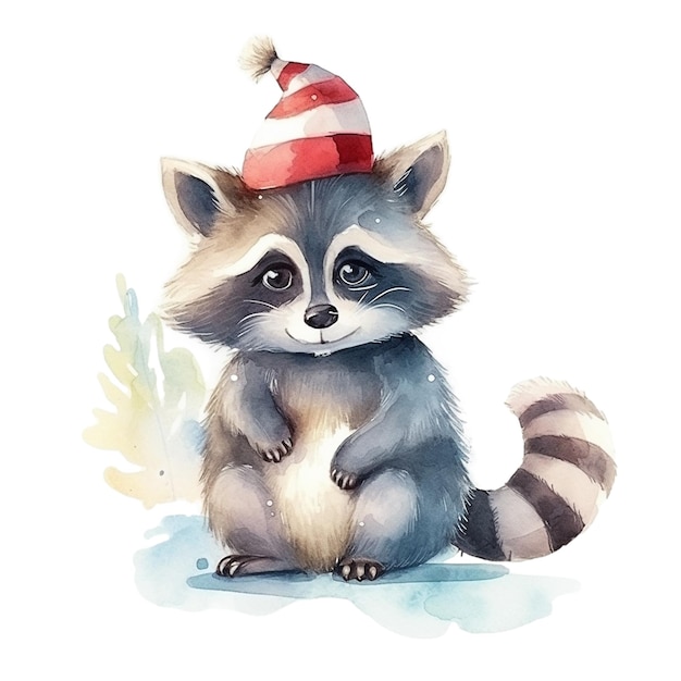 Watercolor cute christmas raccoon in hat isolated on white background Generative ai