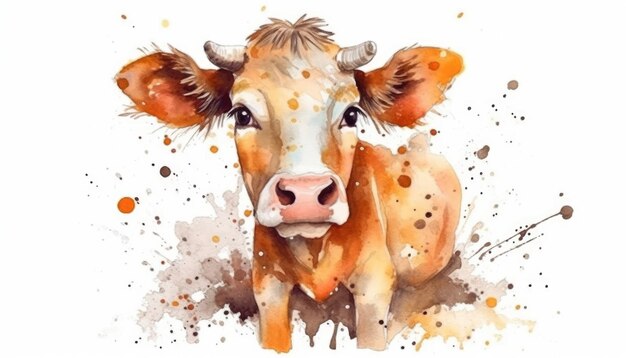 Watercolor cute cow white background with generative ai