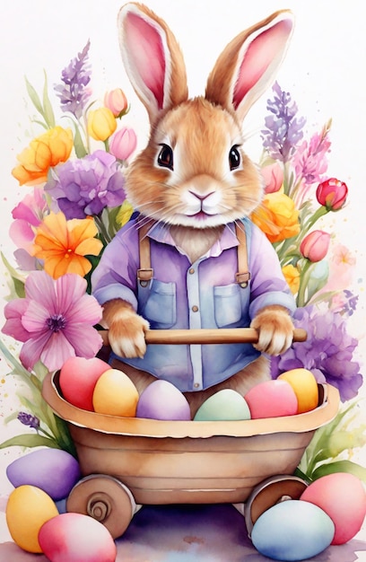Watercolor cute fluffy bunny and beautiful Easter eggs in rustic wheelbarrow Generative AI