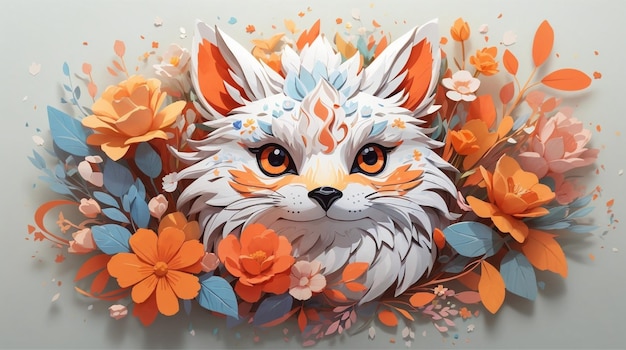 Watercolor cute fox head sticker with flower