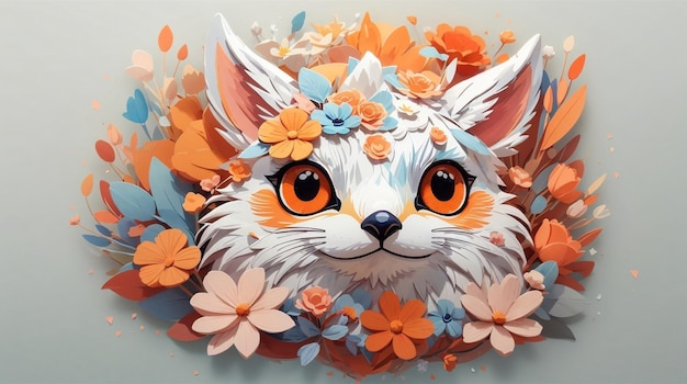 Watercolor cute Fox head sticker with flower