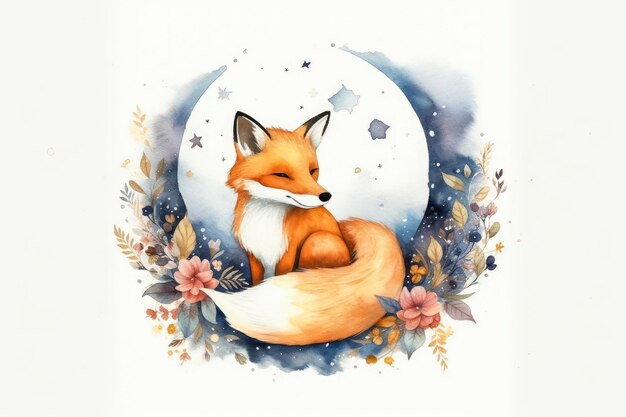 Watercolor Cute Fox on the Moon isolated background for sell the products you print such as shirts hats cups stickers Generative Ai