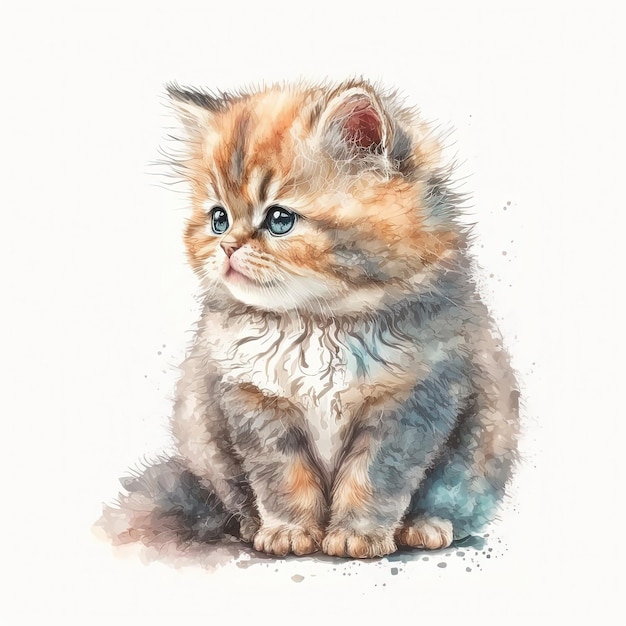 Watercolor cute furry cat illustration isolated on white background