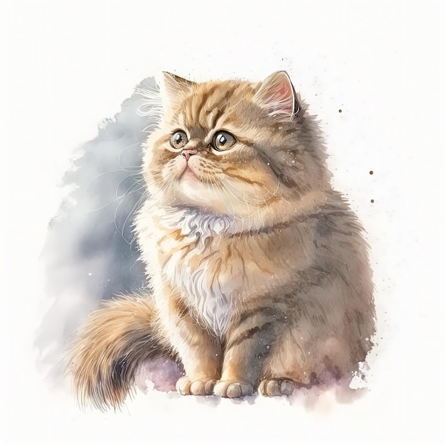 Watercolor cute furry cat illustration isolated on white background