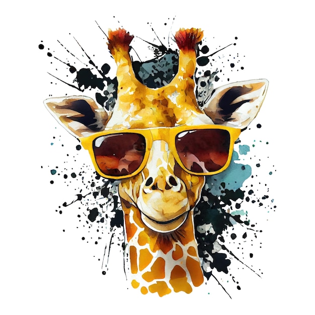 Watercolor cute giraffe cool superstar cartoon animal character Isolated white background