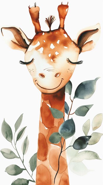 Photo watercolor cute giraffe with leaves