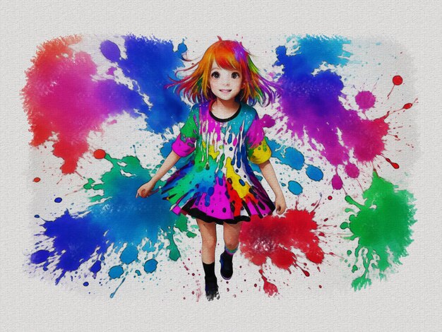 Watercolor cute girl with colored art illustration on white paper texture background