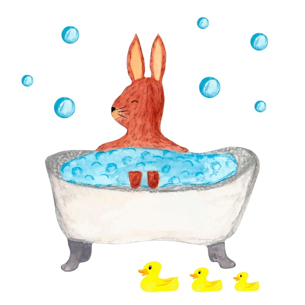 Watercolor cute hair in the bath and rubber ducks on white background