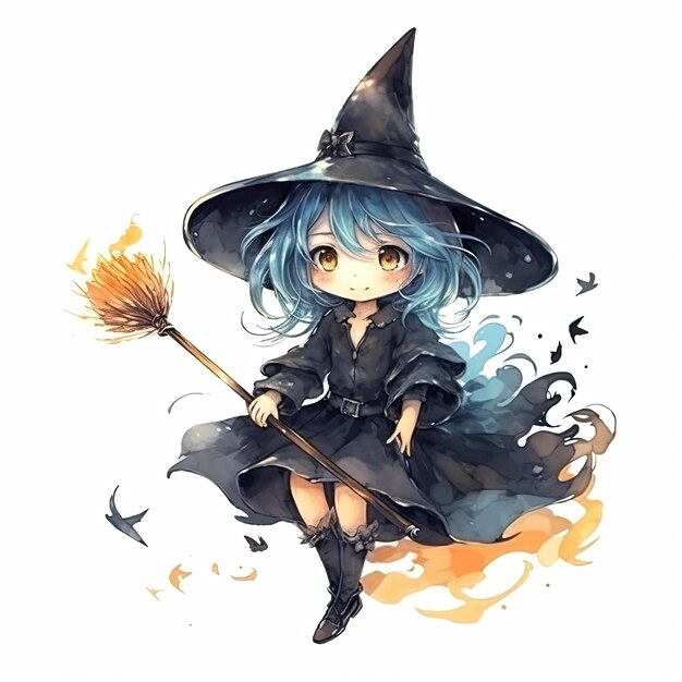 Watercolor Cute Halloween Little Witch