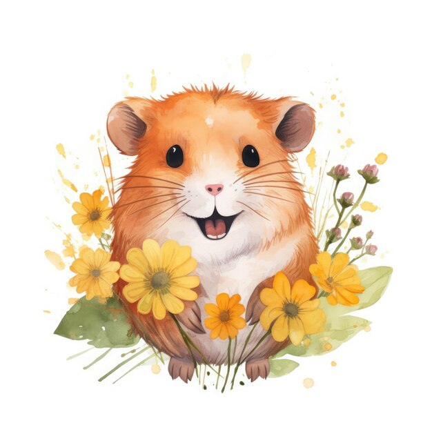 Watercolor cute hamster with a bouquet of flowers in his paws on a white background